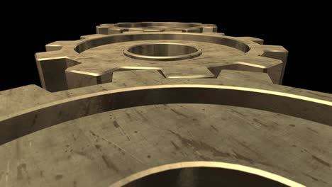 3d animation of rotating gears on a black background. close up. alpha channel