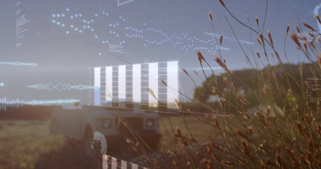Sole basso che genera sovrapposizioni tecnologiche che si innalzano sopra un camion bianco parcheggiato, animando forme d'onda e grafici a barre