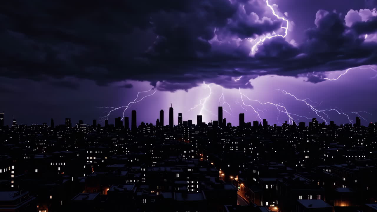 Night Cityscape with Dramatic Lightning Storm