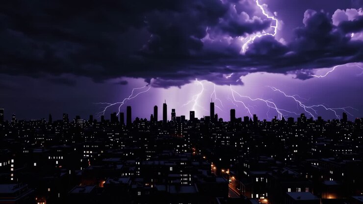 Paesaggio notturno della città con una drammatica tempesta di fulmini
