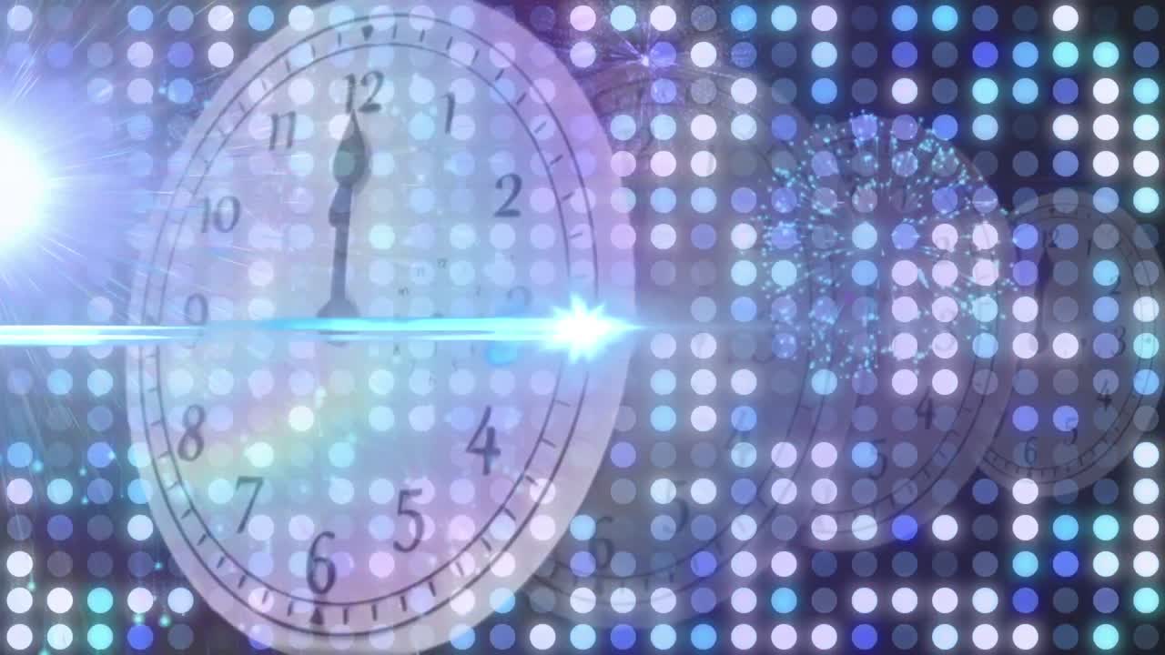 Animation of new year's eve clock showing midnight and flashing spotlights