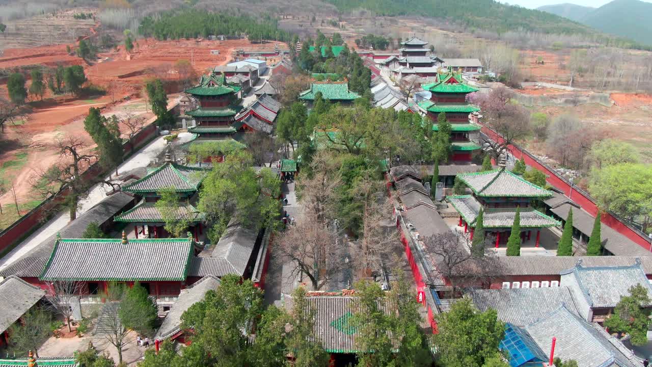 Aerial photography of Shaolin Temple, the birthplace of Chinese Kung Fu，
Aerial photo of Shaolin Temple in Songshan, Henan, China