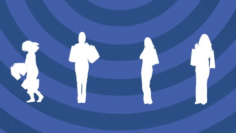 animation of silhouettes of women with shopping bags over blue stripes moving in seamless loop