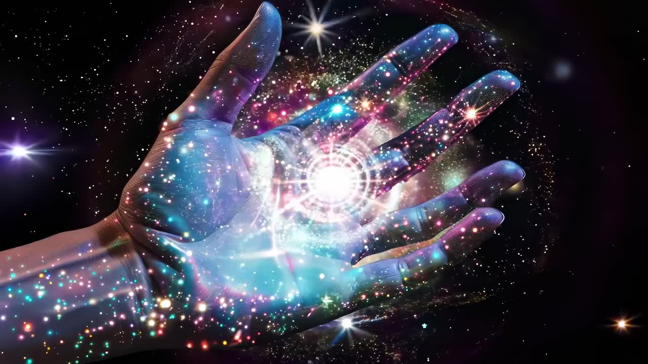 A close-up shot of a hand with a galaxy projection, blending cosmic visuals with human form