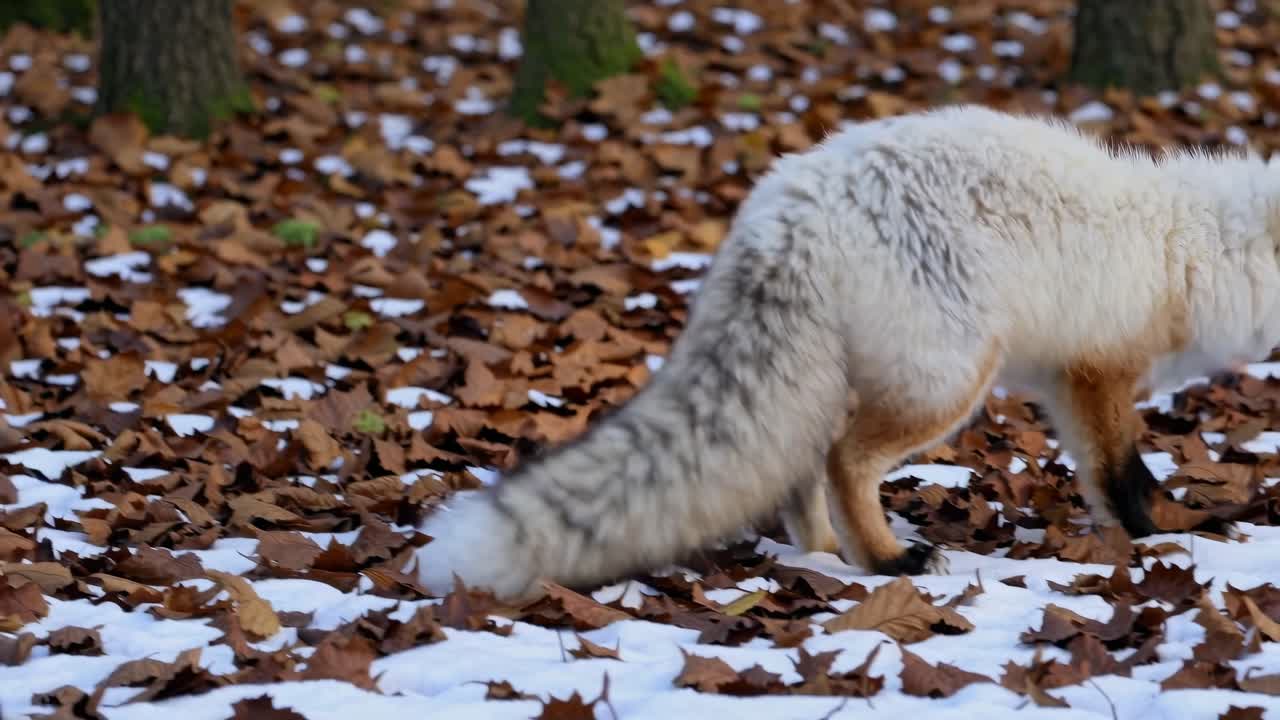Fox in a snowy forest with autumn leaves