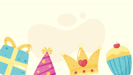 birthday celebration with gifts, party hat, crown, and cupcakes