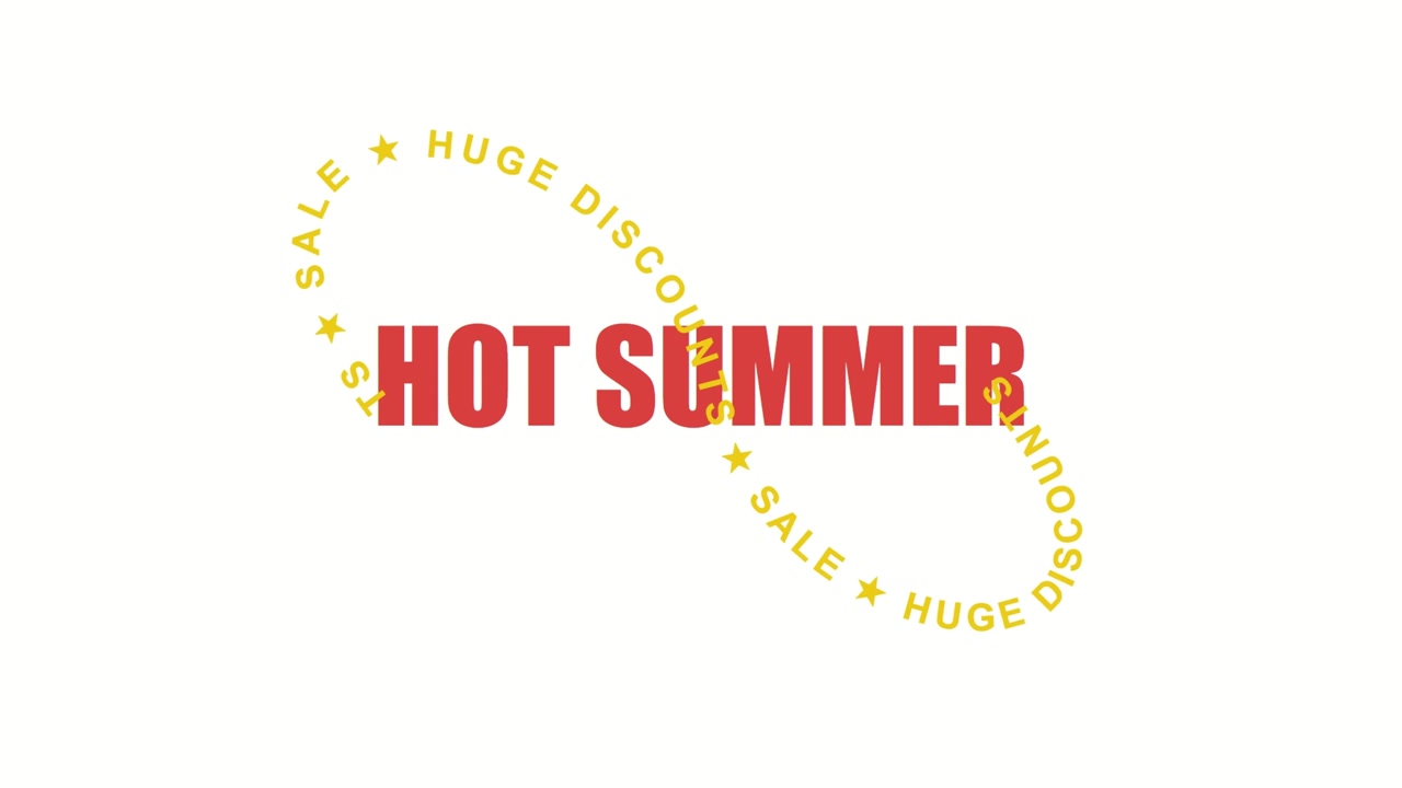 Varmt sommerudsalg typografianimation med roterende rabatloop og salgsfremmende tekst på lys baggrund, der skaber iøjnefaldende visuelle elementer til detailmarkedsføring