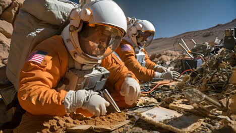 astronauts conducting research during mars simulation in desert environment