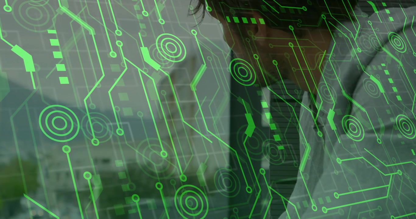 Businessman Looking Out Office Window with Digital Data Overlay