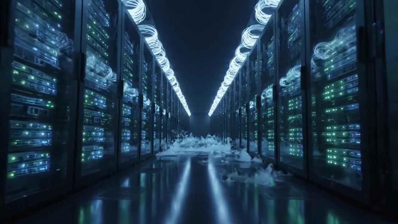 Illuminated Data Center with Server Racks Surrounded by Fog: A Glimpse into Modern Computing Infrastructure and Digital Storage