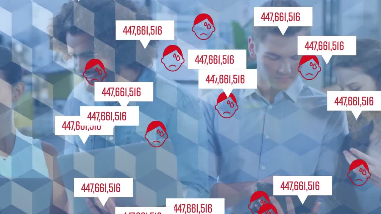animación de datos de covid-19 y emojis en máscaras faciales sobre personas de negocios que usan dispositivos electrónicos