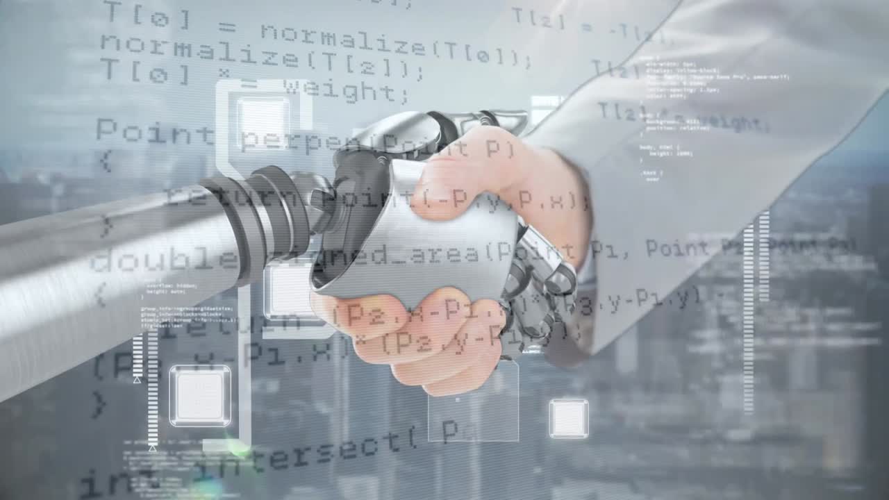 로 ⁇ 과 인간의 손 사이의 악수