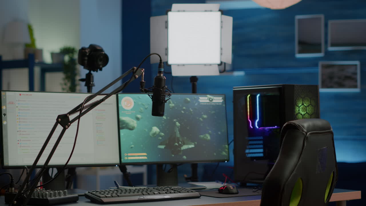 Empty gaming studio with RGB led lights powerful personal computer