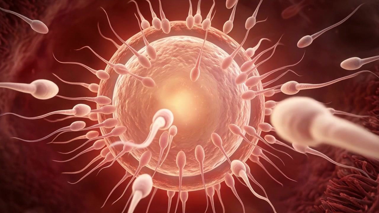 Visione microscopica di spermatozoi che nuotano verso un ovulo