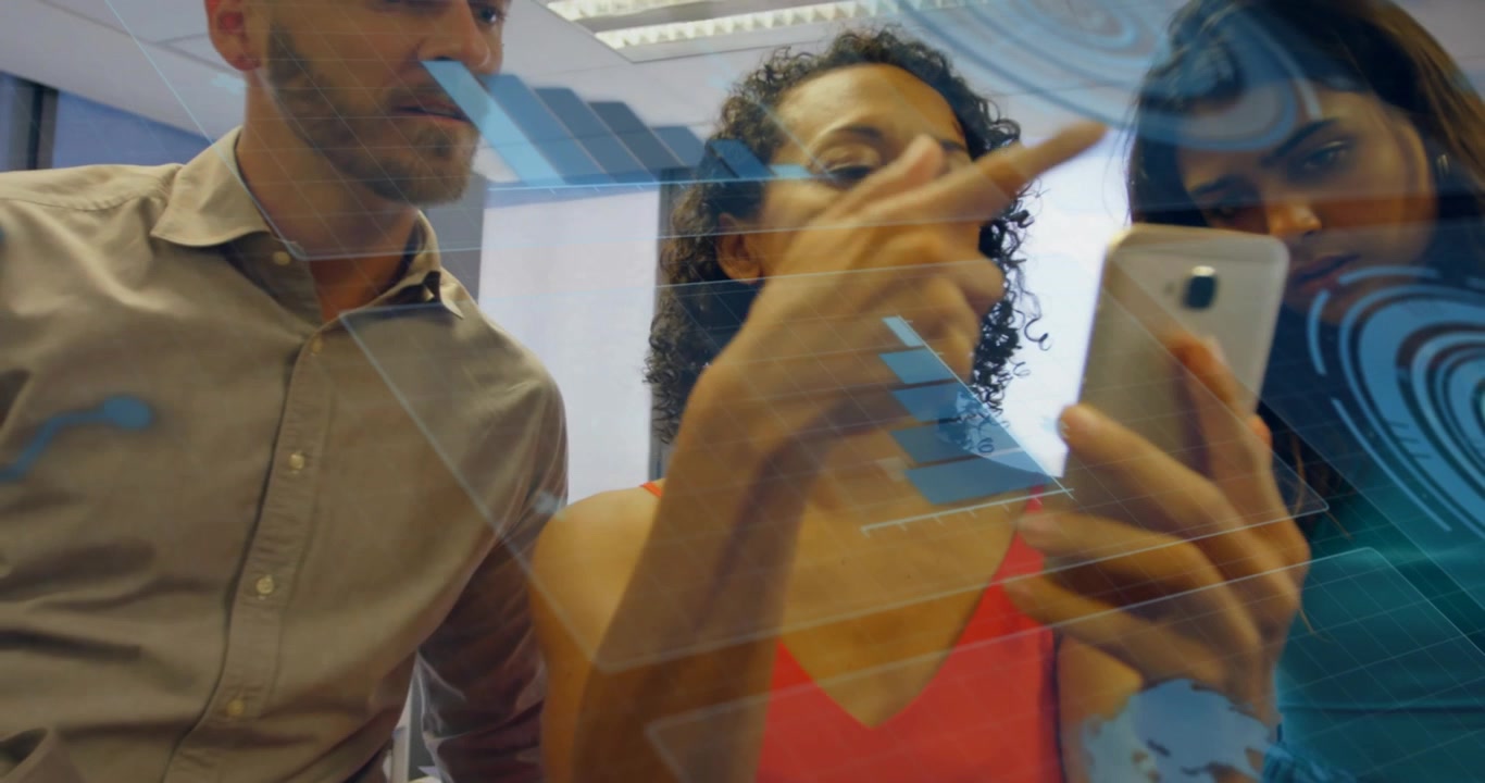 Presenter launching AR interface on smartphone and swiping through hologram charts for insights