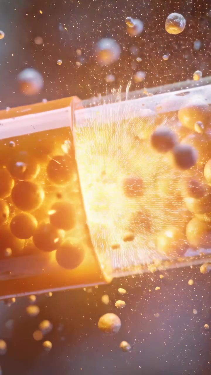 Video verticale: Apertura di una giunzione che provoca l'espulsione di perline da una capsula in un mezzo di laboratorio, mostrando il rilascio.