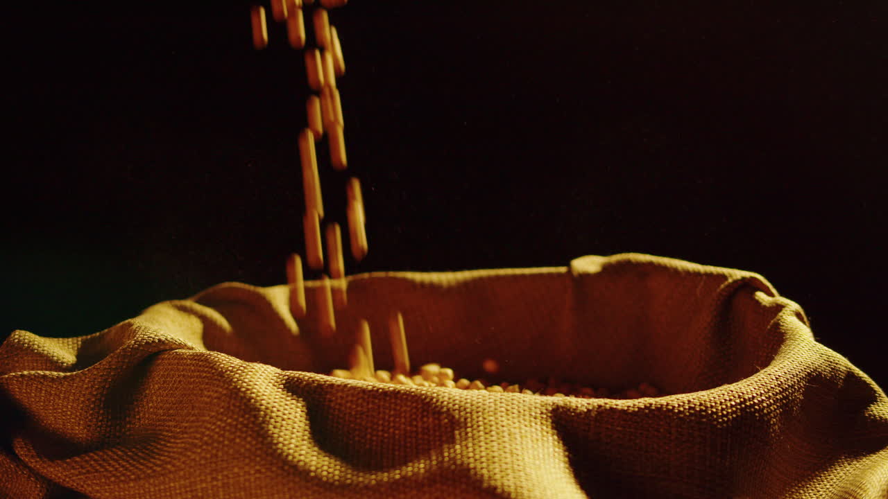Soybeans pouring into a burlap sack
