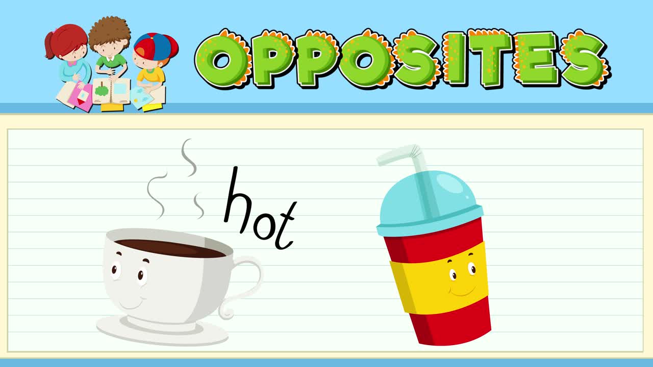 Colorful animation contrasts hot coffee with cold drink, highlighting opposites through playful visuals and dynamic transitions