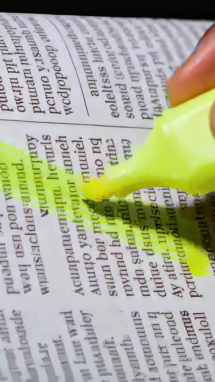 Vertical video: Touching right hand guiding yellow highlighter on page, marking text, copy space