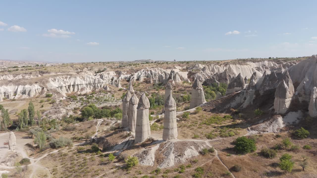 Fe-skorstensformationer i Love Valley, Cappadocia, Tyrkiet, geologisk landskab, droneperspektiv