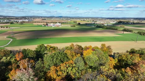 Aerial-view-of-patchwork-farmland-with-autumn-trees-in-the-foreground-in-America