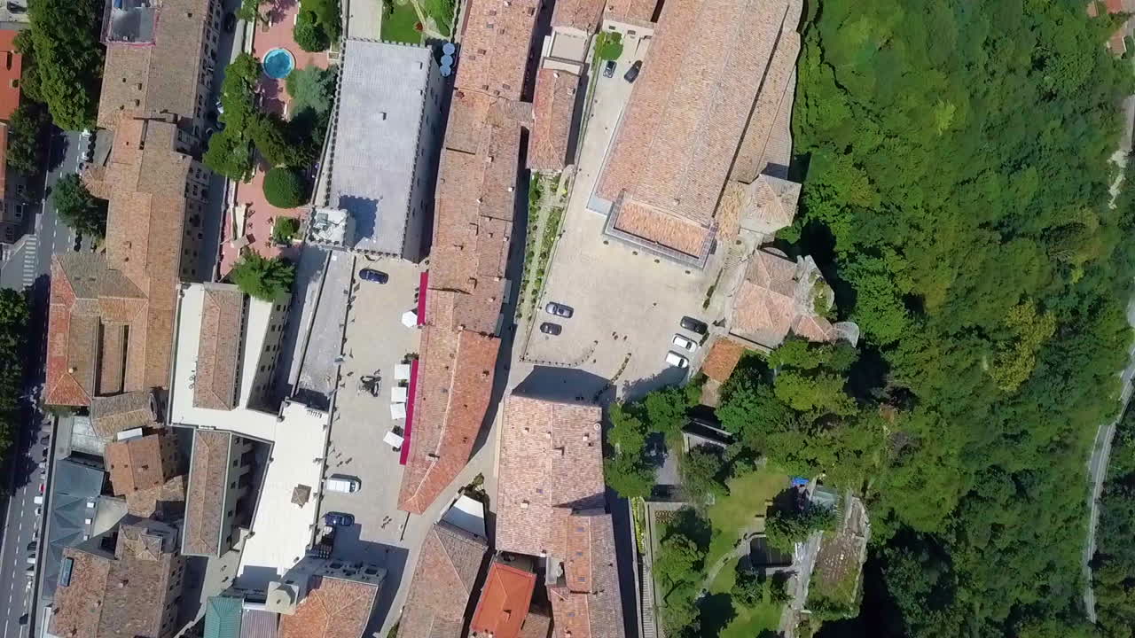 Aerial View Of Monte Titano In San Marino Near Italy With Orti Borghesi And Basilica de San Marino-Pieve On Top.