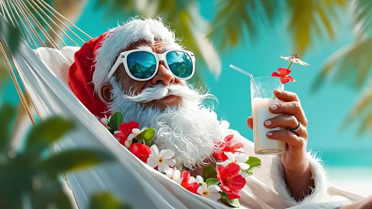 A santa claus in a hammock with a drink and flowers