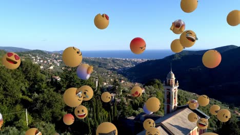 digital composition of multiple face emojis floating against aerial view of cityscape