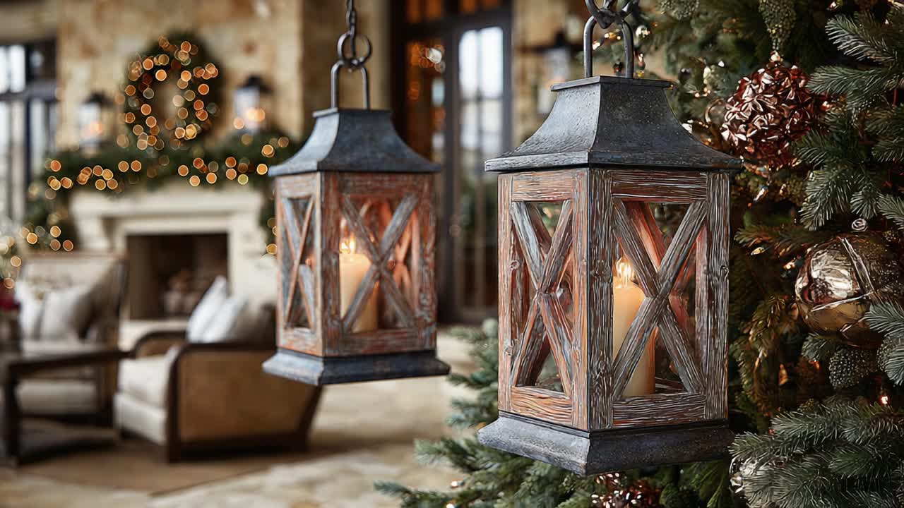 Elegant Holiday Décor Featuring Cozy Lanterns and Festive Ambiance in a Cheerful Living Room Setting with Warm Lighting and Seasonal Accents