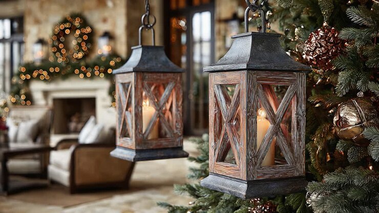 Arredamento festivo elegante con lanterne accoglienti e atmosfera allegra in un soggiorno con illuminazione calda e dettagli a tema