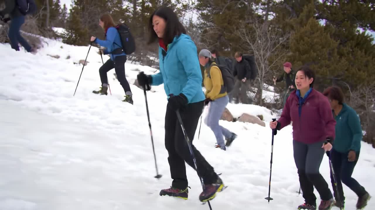 A group of hikers uses trekking poles as they navigate a snowy slope in a mountainous area. The participants enjoy the outdoors and connect with nature in winter.