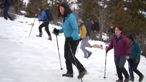a group of hikers uses trekking poles as they navigate a snowy slope in a mountainous area. the participants enjoy the outdoors and connect with nature in winter.