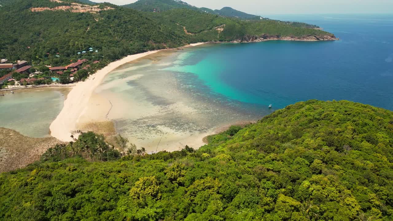 Drone aerial of Ko Pha Ngan or Koh Phangan Island in Gulf of Thailand , Koh Nang Yuan Island white sand beach