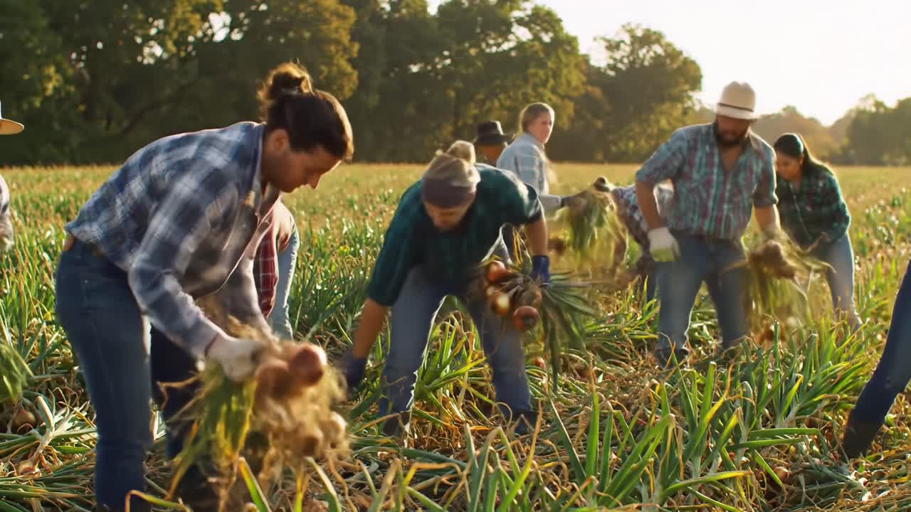 Collaborative Harvesting of Onions in a Lush Field: A Group of Farmers Engaged in Gathering Fresh Produce Under the Warm Sunlight, Showcasing Hard Work and Community Spirit