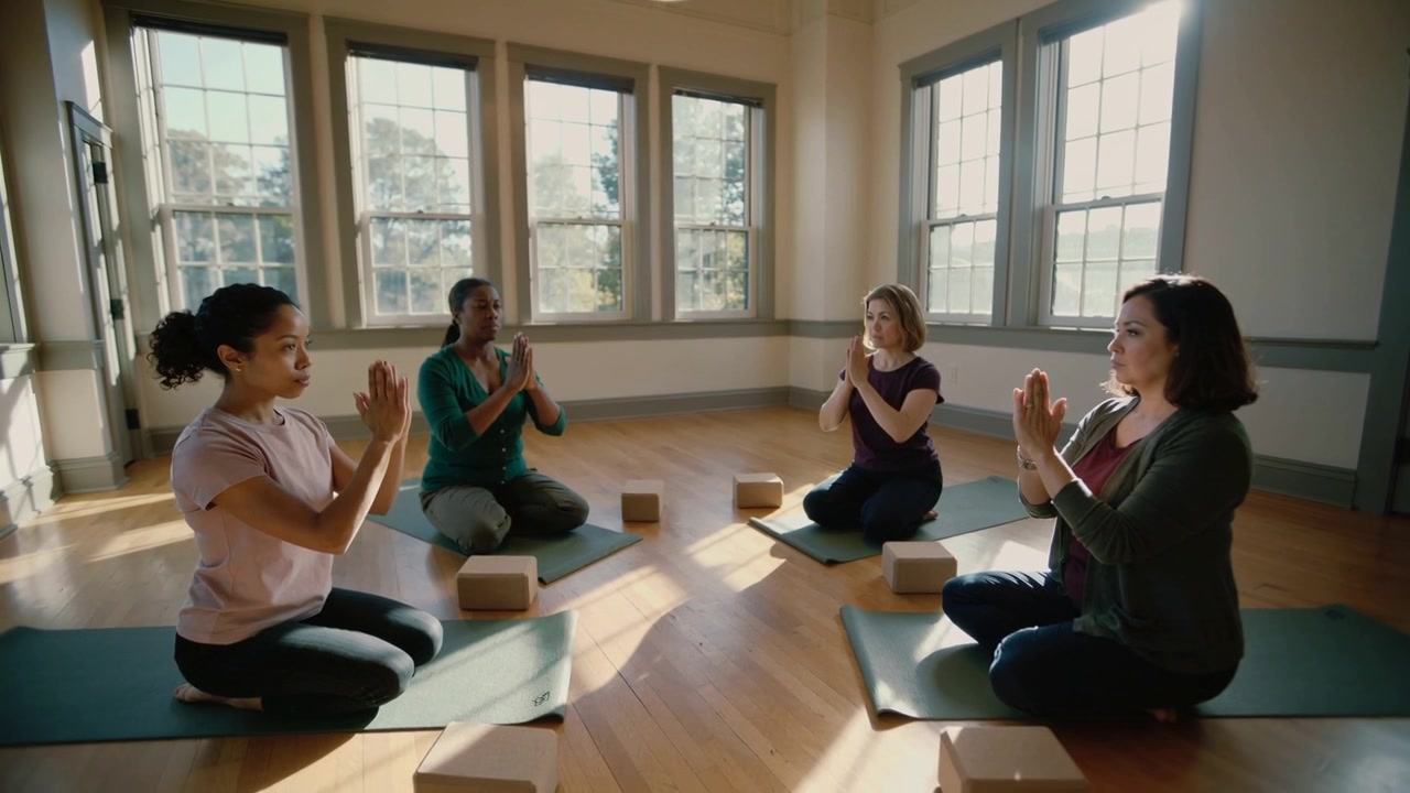 Fire kvinder i træningstøj klapper og bevæger sig fra bøn til håndflader på yogamåtter til åndedrætsøvelser.