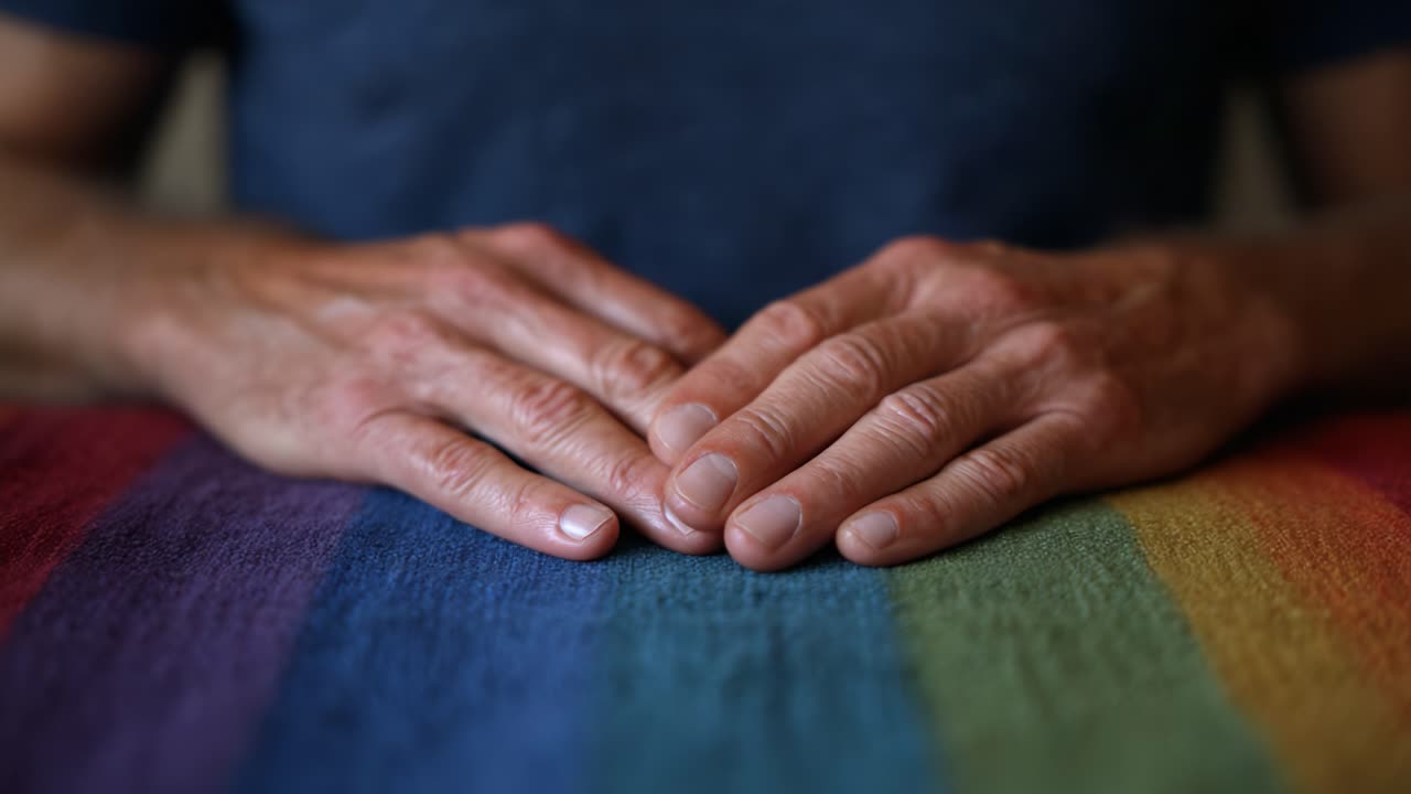 A Close-Up Perspective of Hands Resting Gently on a Vibrantly Colored Rainbow Cloth, Highlighting the Beauty and Expression of Calmness and Serenity