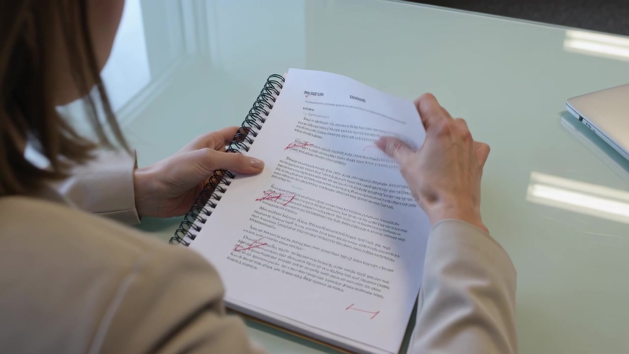 Starting review at glass desk, woman in tan blazer removing marked spiral sheet placing by laptop