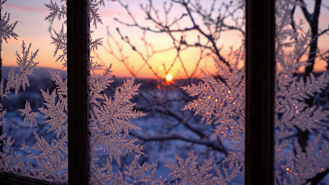 霜の降りた窓越しの冬の日の出：自然の氷のアートワークの美しさと、夜明けの昇る太陽の穏やかな輝きを捉える。