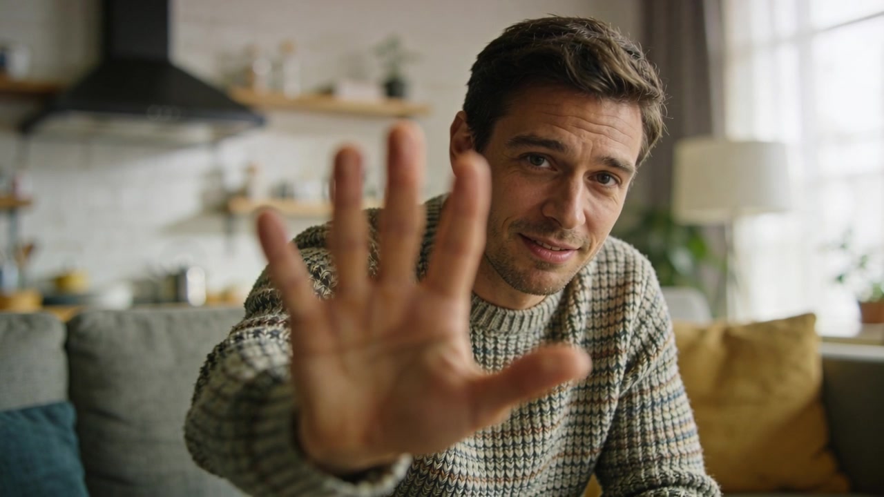 Raising, man in knit sweater holding palm toward camera noticing camera to block lens at home