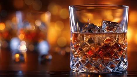 A close-up of a glass of whiskey with ice on a bar counter with bokeh lights in the background