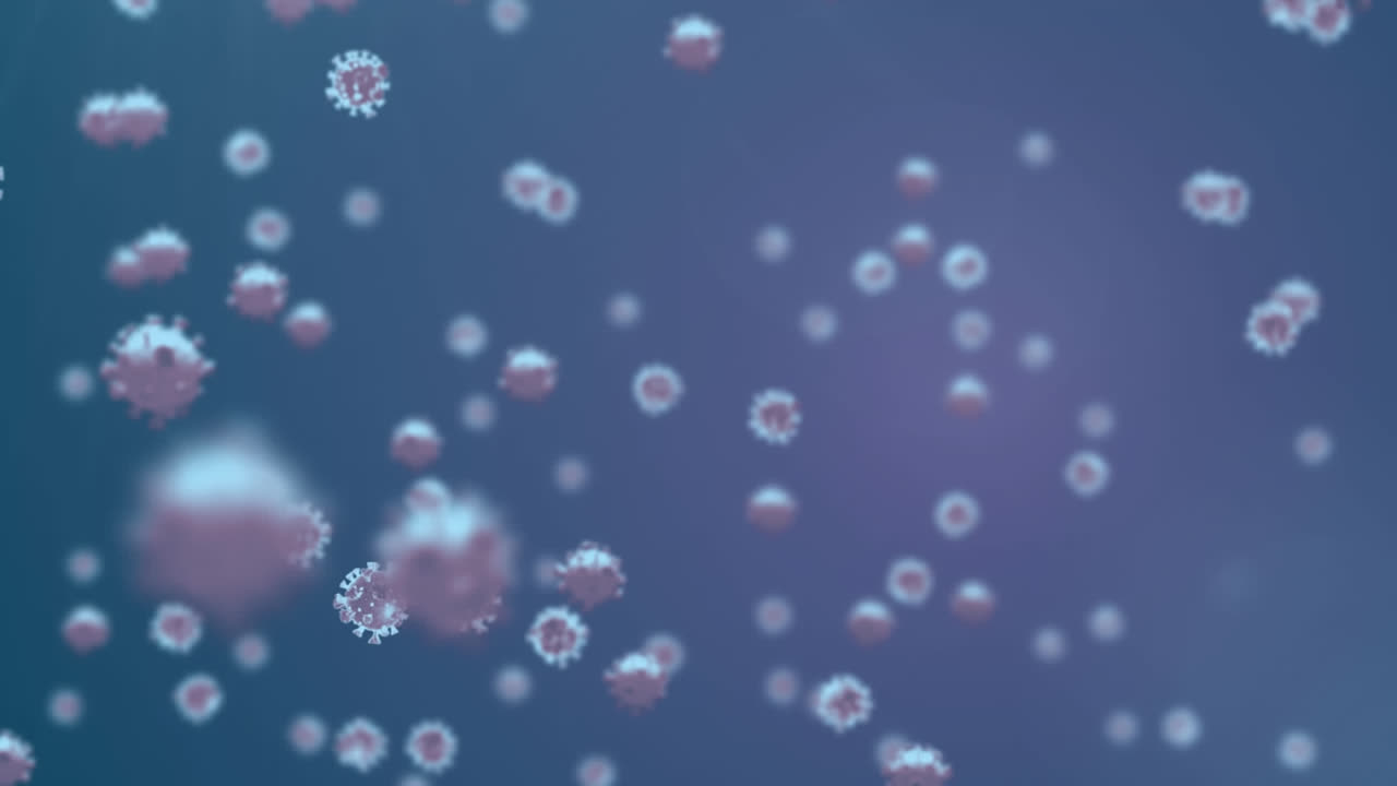 animación de células de covid-19 volando sobre un fondo púrpura