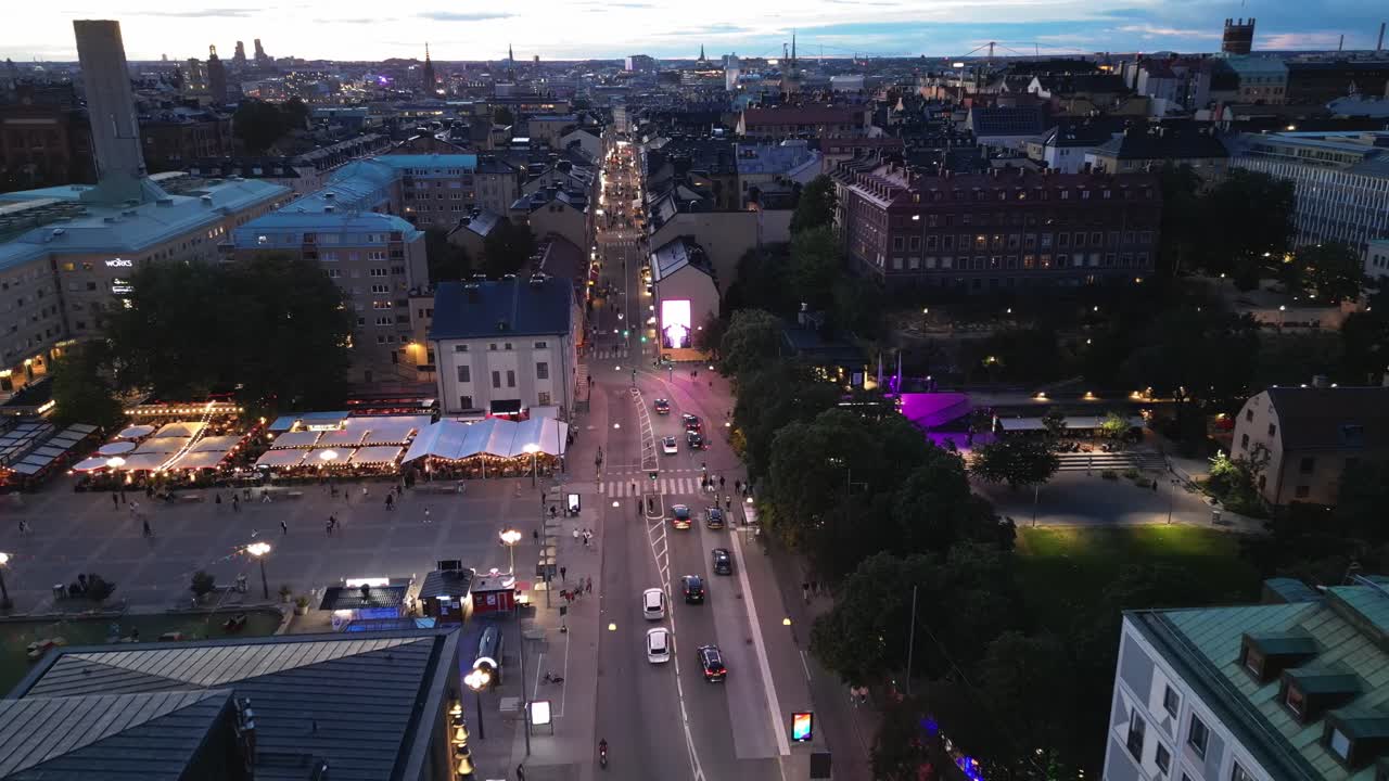 G&ouml;tgatan Medborgarplatsen Stockholm at blue hour. Drone shot