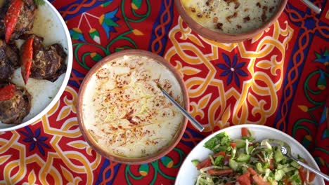 view of a egyptian lunch, close up shot, high angle shot