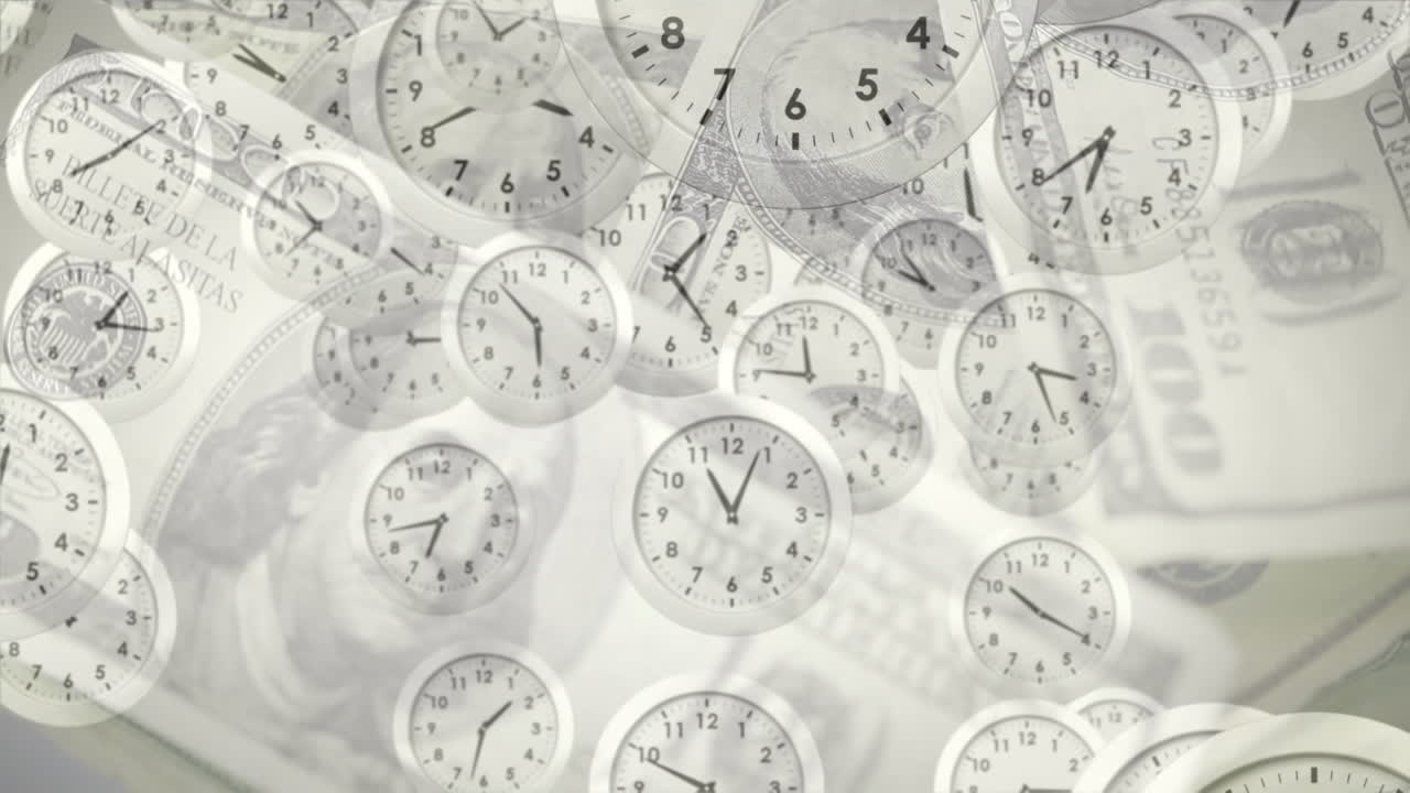 미국 달러 지폐 위에서 시계가 뛰는 애니메이션