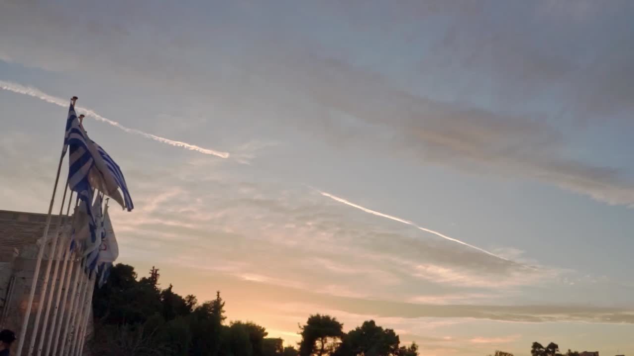 Pan shot of Atheneum sky during golden hour on a winter's day