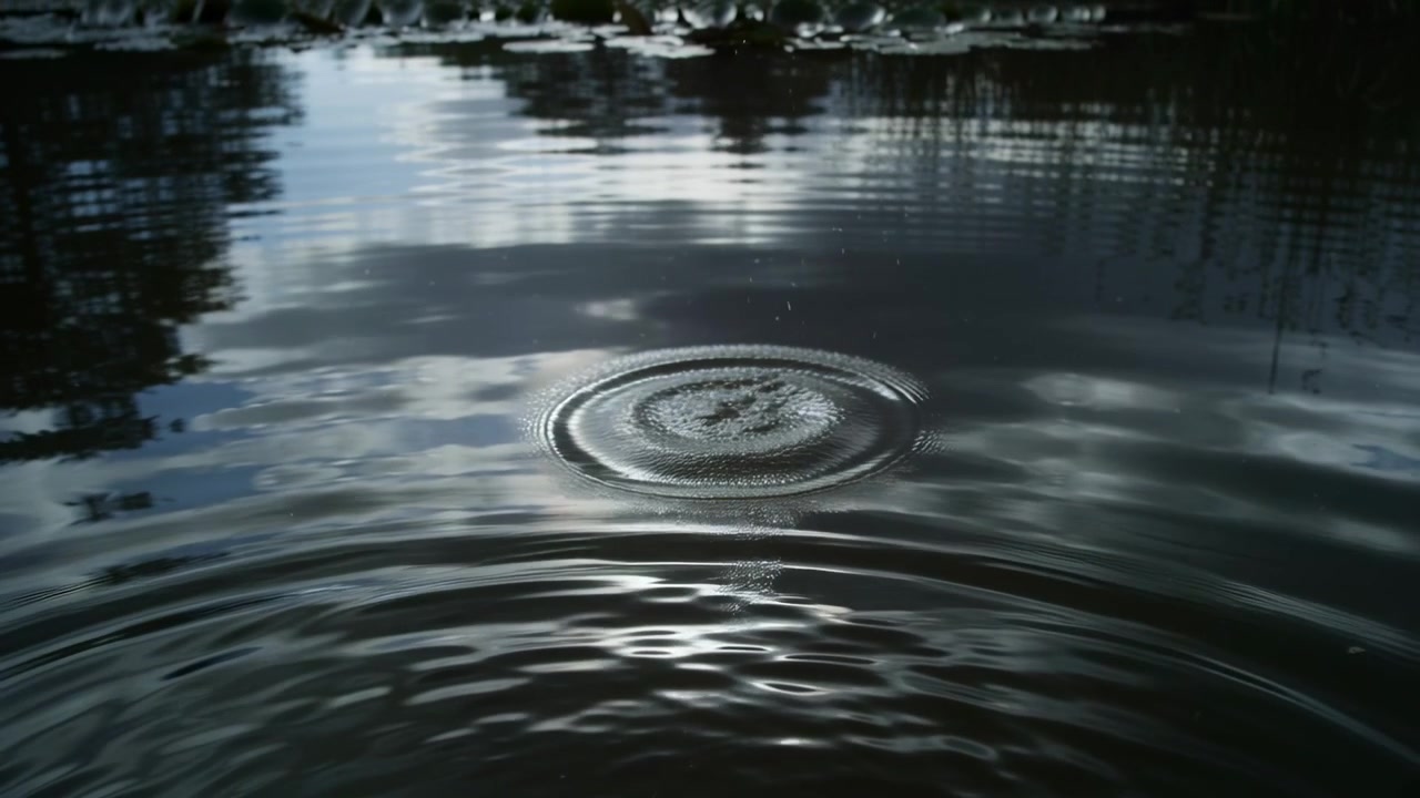 Tetesan air jatuh menghantam kolam di tepi, menciptakan semburan ke atas dan riak konsentris, memantulkan langit.