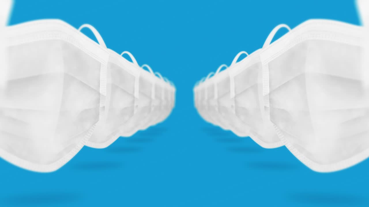 바이러스로부터 보호하기 위해 입과 코를 는 많은 의료 마스크. 건강 관리 개념. 3d 현실적인 의료 마스크, 루프 애니메이션.