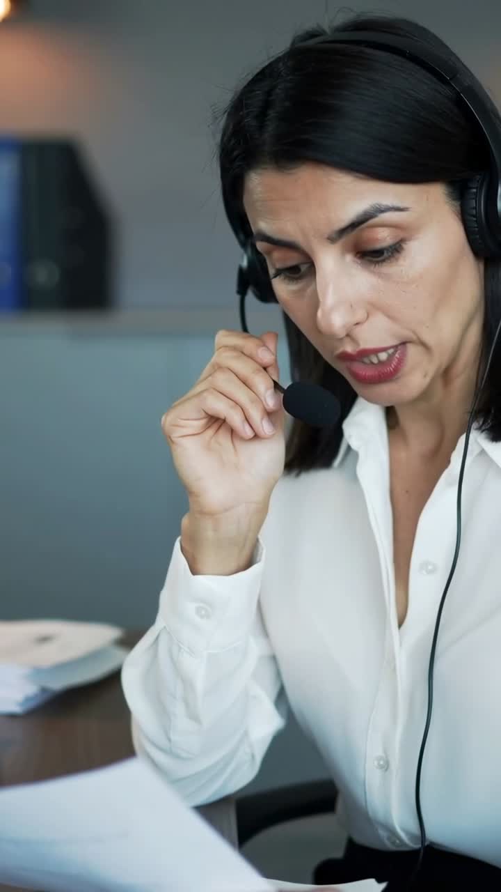 Vídeo vertical: mujer respondiendo a una llamada, con una blusa blanca, leyendo documentos y transmitiendo información en un escritorio con auriculares