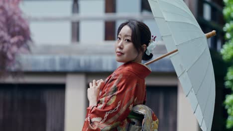 woman in kimono with umbrella in a japanese garden
