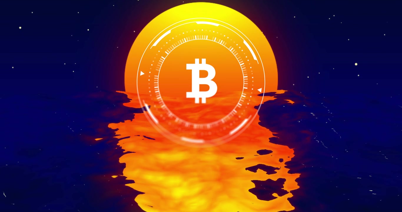 Bagliore arancione che avvia lo scaling della moneta Bitcoin, anello HUD pulsante, bagliore fuso increspato che mostra il valore